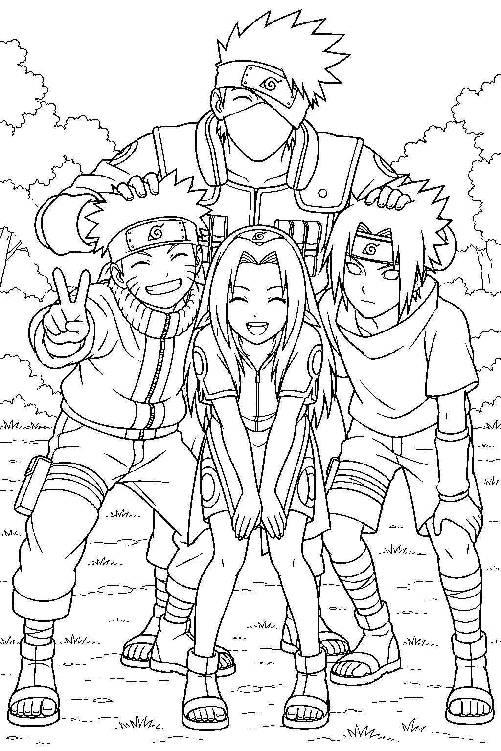 sakura haruno posing with naruto sasuke and kakashi for the original team 7 photograph line art