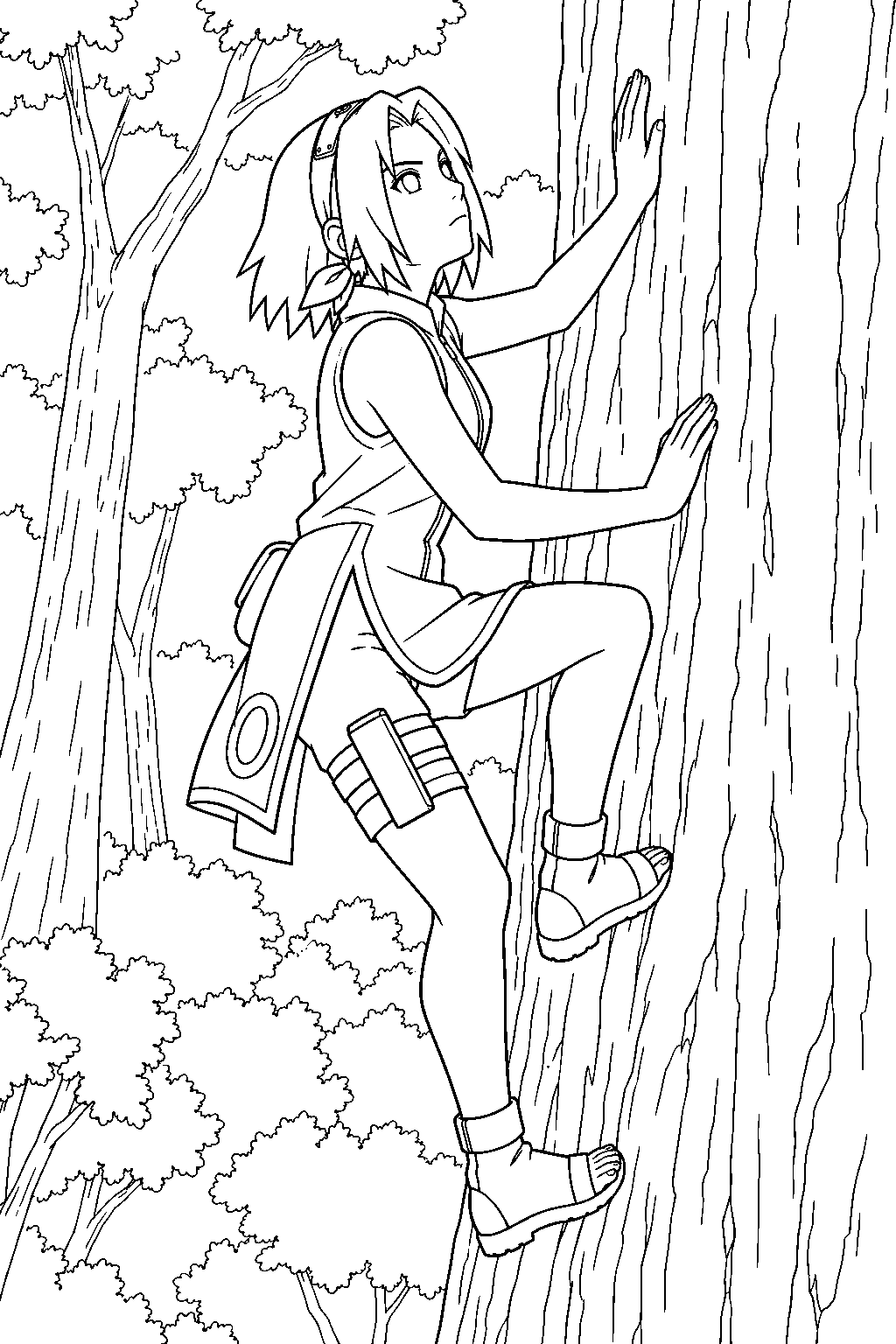 sakura haruno practicing chakra control by climbing a tree in the land of waves line art