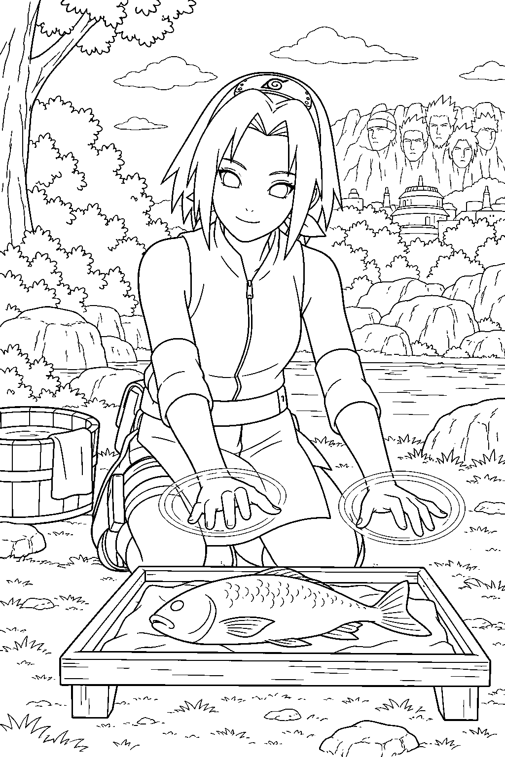 sakura haruno practicing medical ninjutsu by healing a fish line art