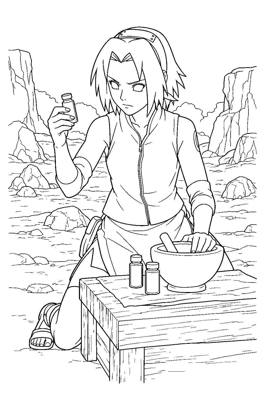 sakura haruno preparing an antidote for sasori s poison line art