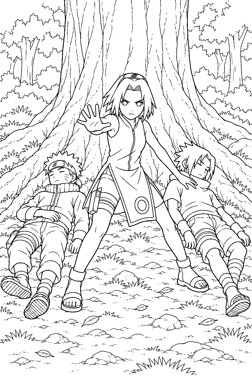 sakura haruno protecting unconscious naruto and sasuke in the forest of death line art