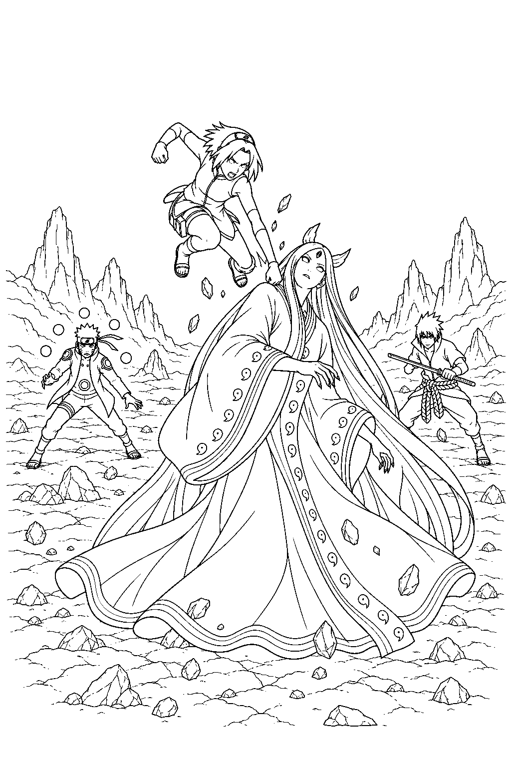 sakura haruno punching kaguya during team 7 s final attack line art