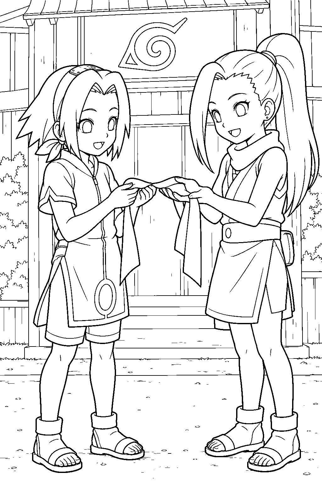 sakura haruno receiving a hair ribbon from ino yamanaka at the ninja academy line art