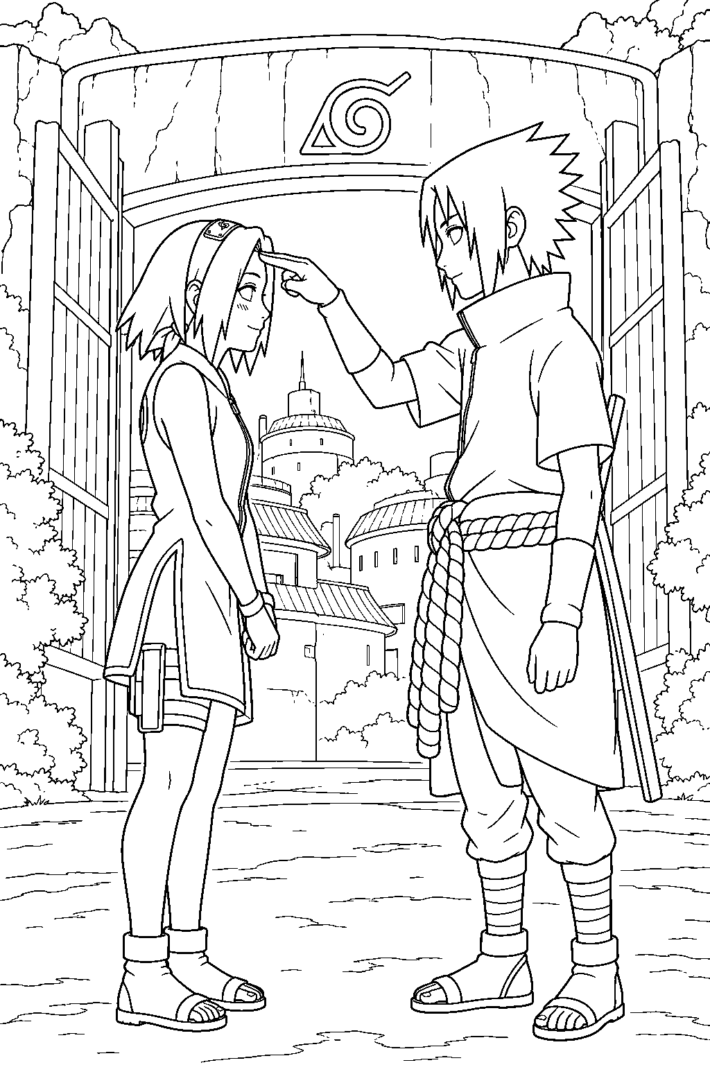 sakura haruno receiving sasuke s forehead poke at the hidden leaf village gates line art