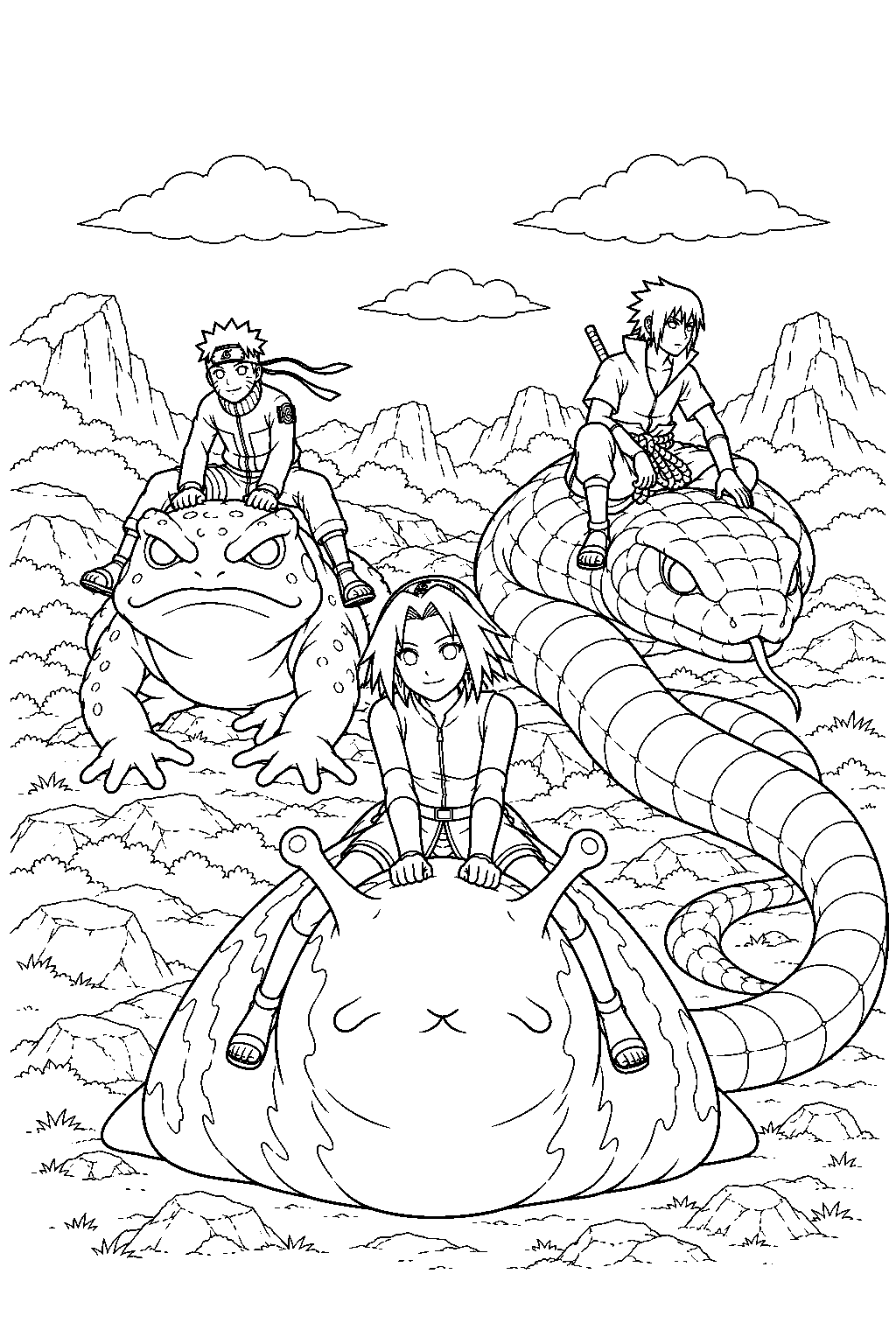 sakura haruno riding katsuyu beside naruto on gamakichi and sasuke on aoda line art