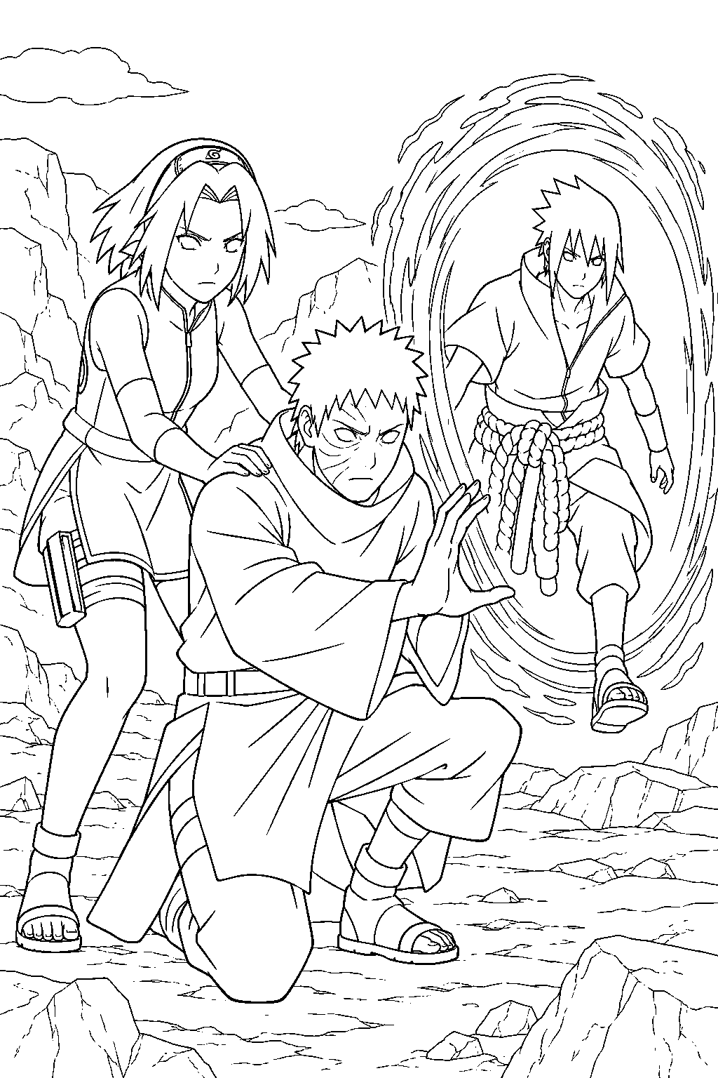 sakura haruno sharing chakra with obito to open a portal and rescue sasuke line art