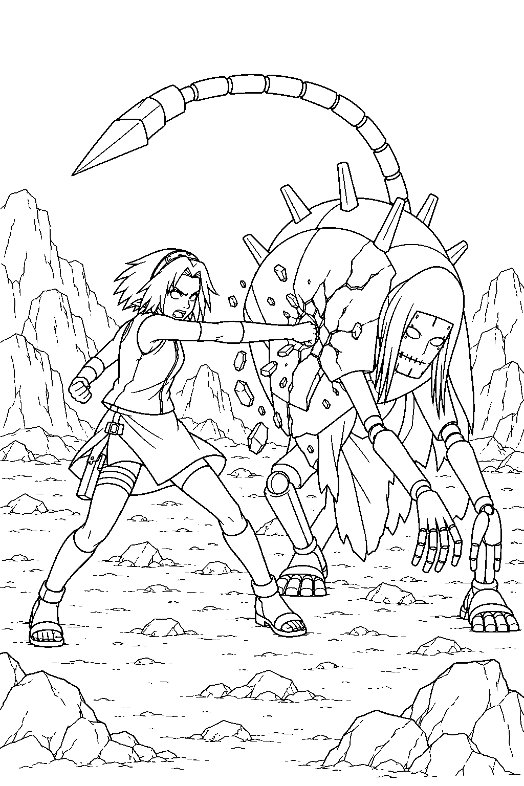 sakura haruno smashing sasori s hiruko puppet with her fist line art