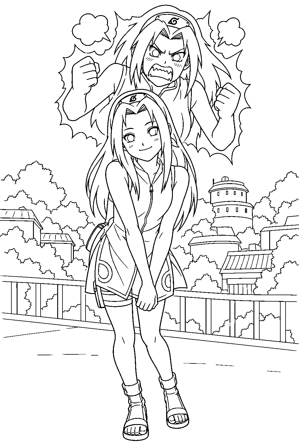 sakura haruno smiling with her angry inner sakura spirit behind her line art