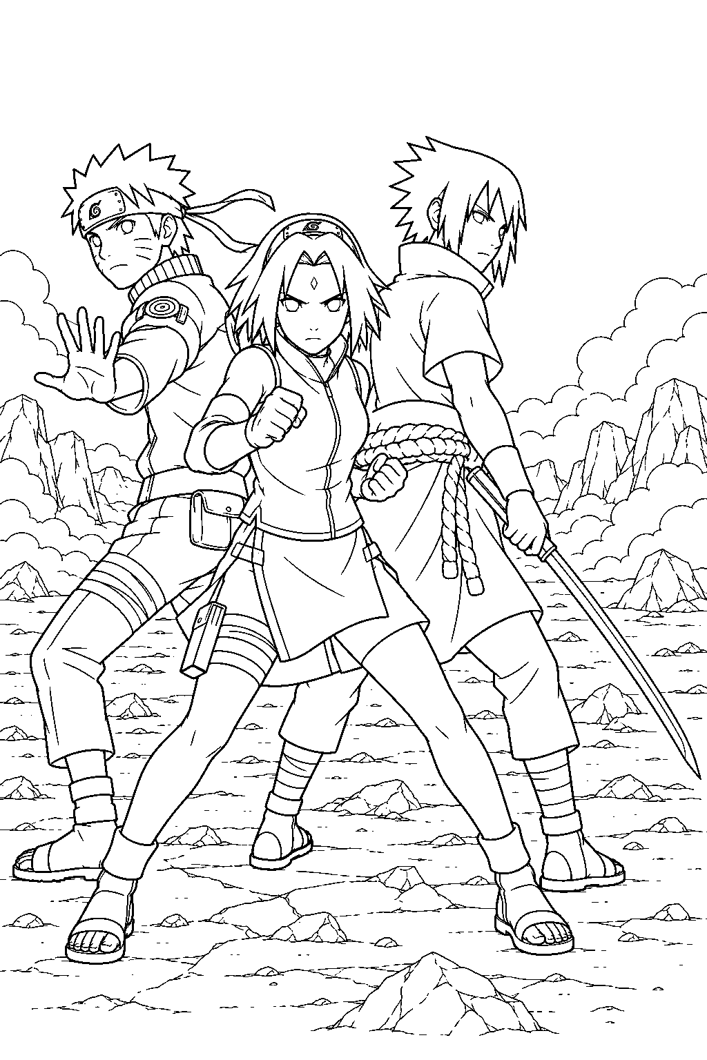sakura haruno standing back to back with naruto and sasuke on the war battlefield line art