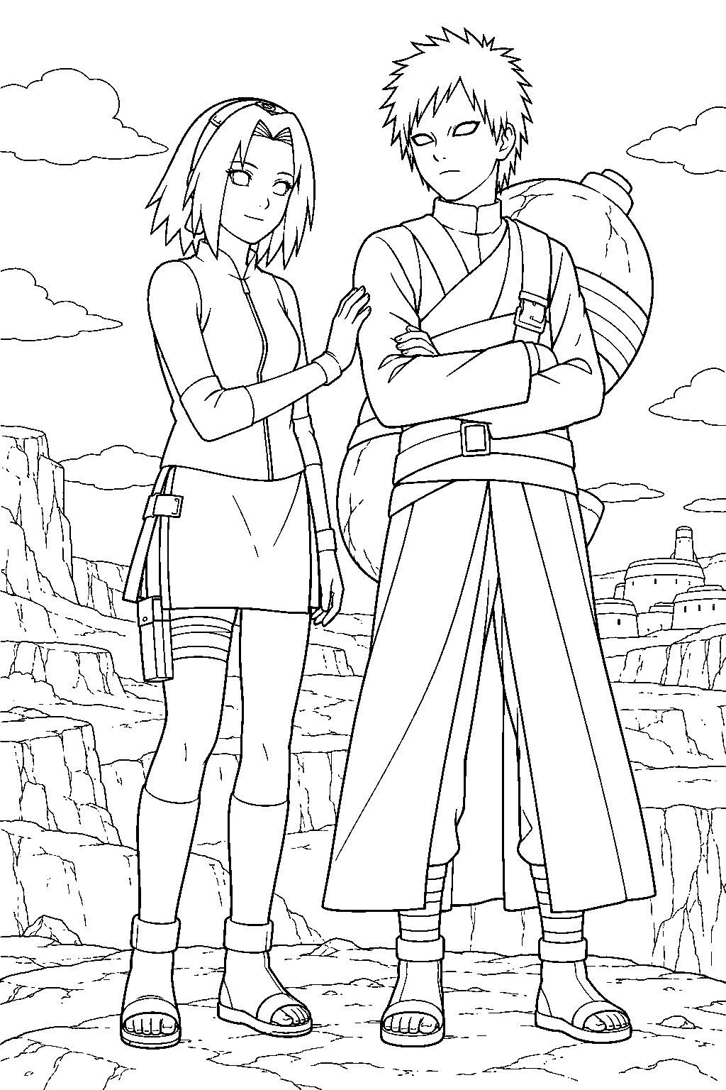 sakura haruno standing beside gaara after his rescue from the akatsuki line art