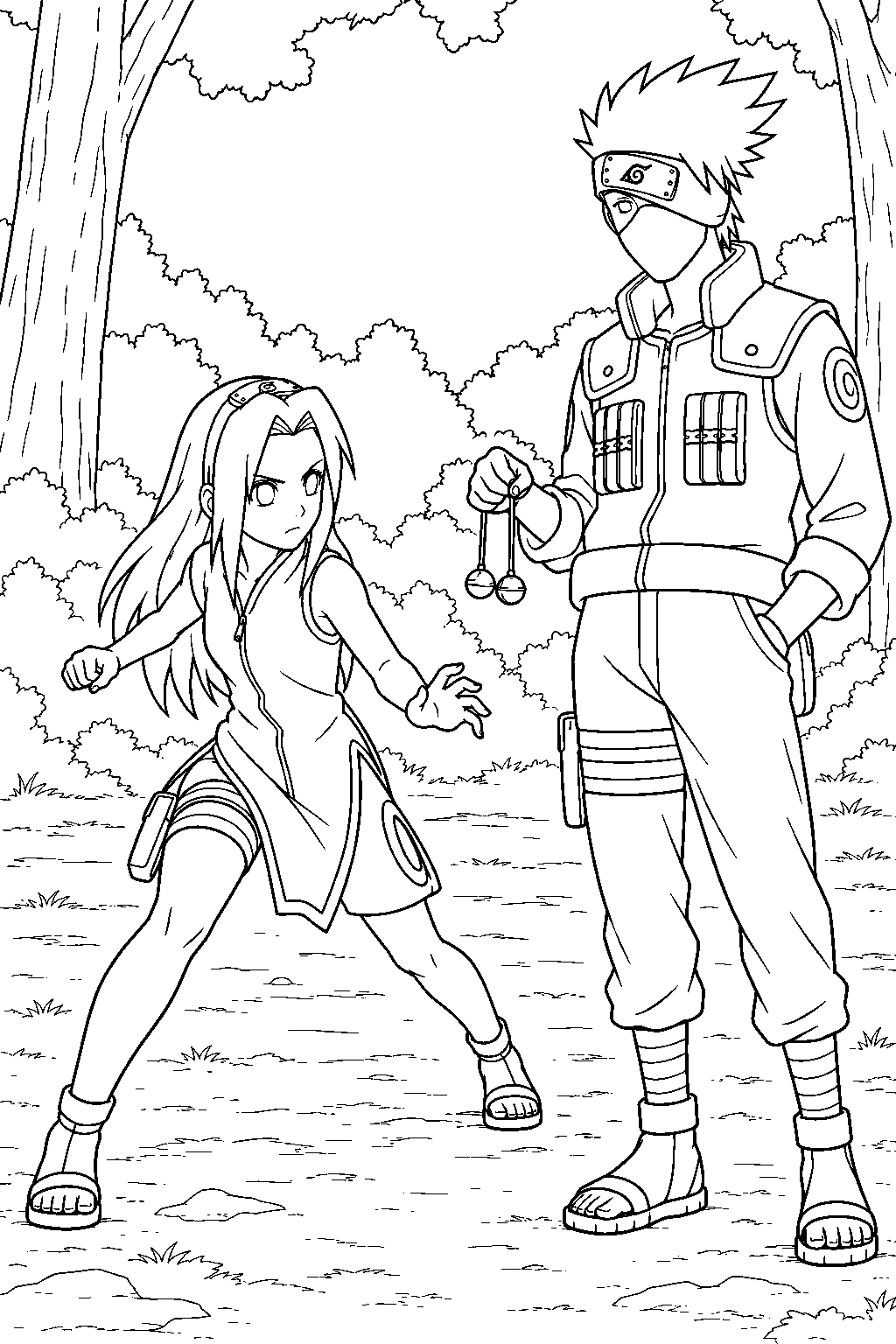 sakura haruno taking kakashi hatake s first bell test at the training ground line art
