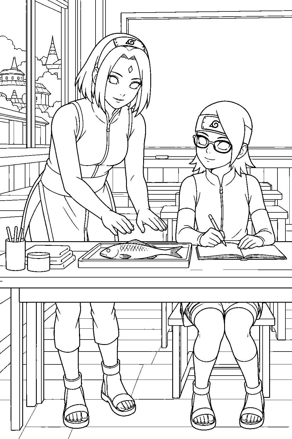 sakura haruno teaching sarada uchiha medical ninjutsu in a classroom line art