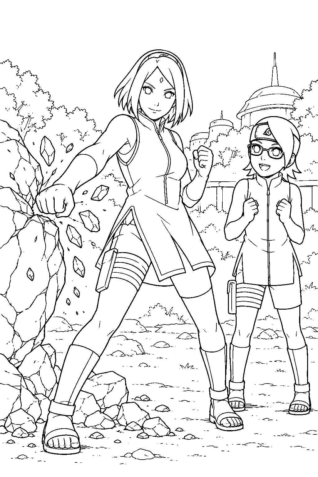sakura haruno training sarada uchiha in chakra enhanced strength line art