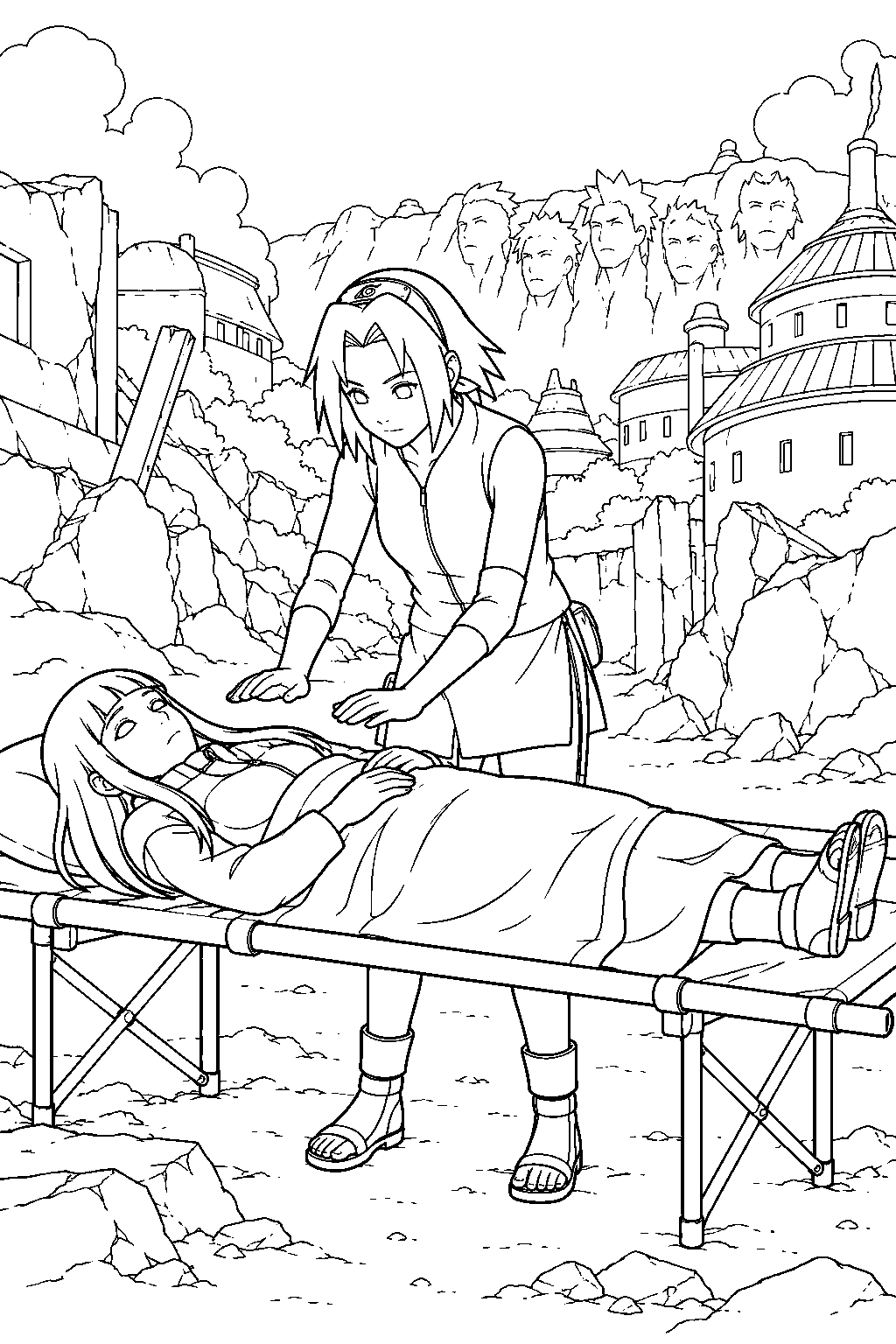 sakura haruno treating hinata hyuga after pain s attack line art