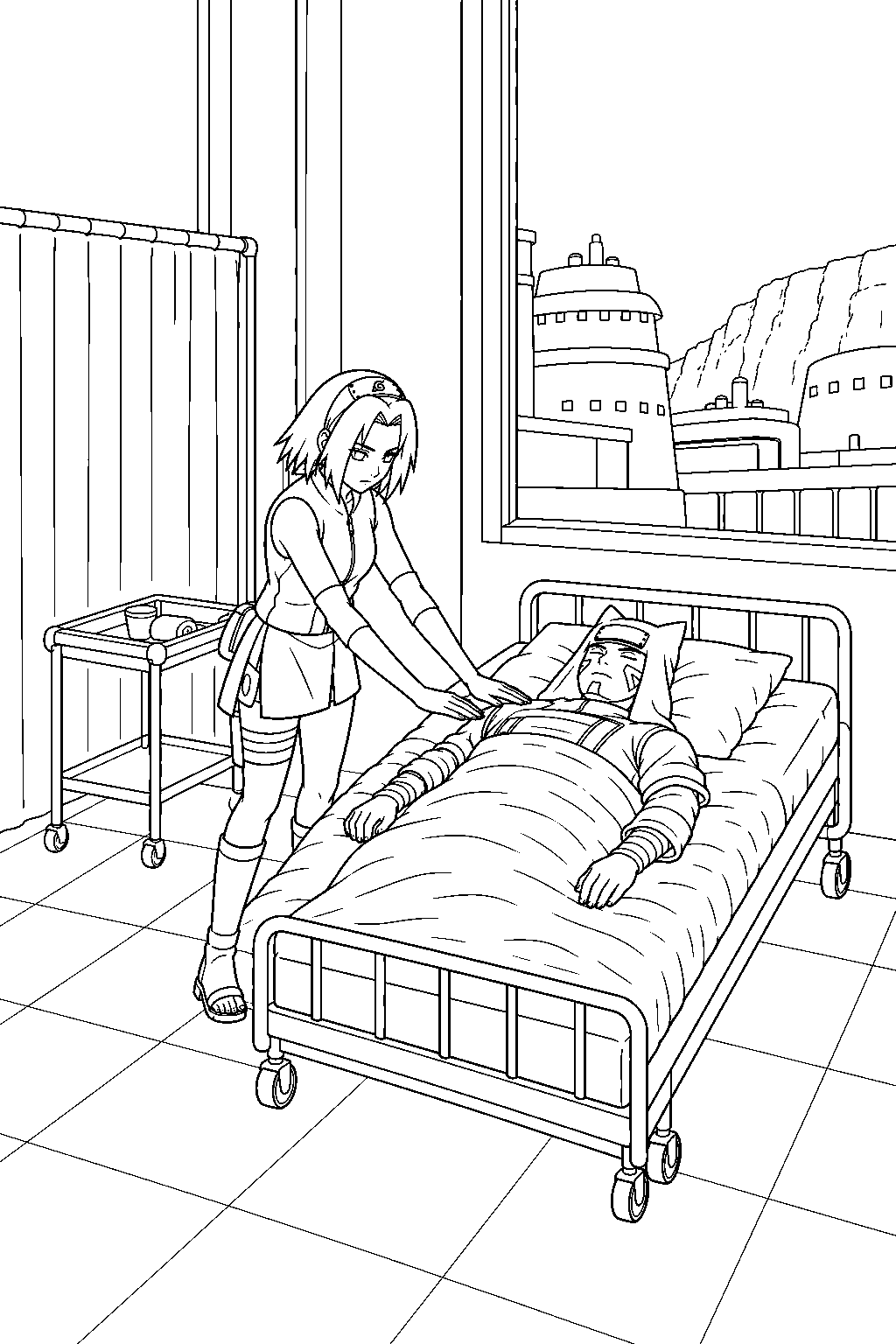 sakura haruno treating kankuro at the hidden sand hospital line art