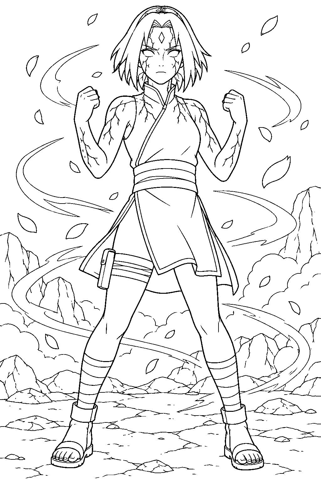 sakura haruno using the hundred healings technique with branching seal markings line art