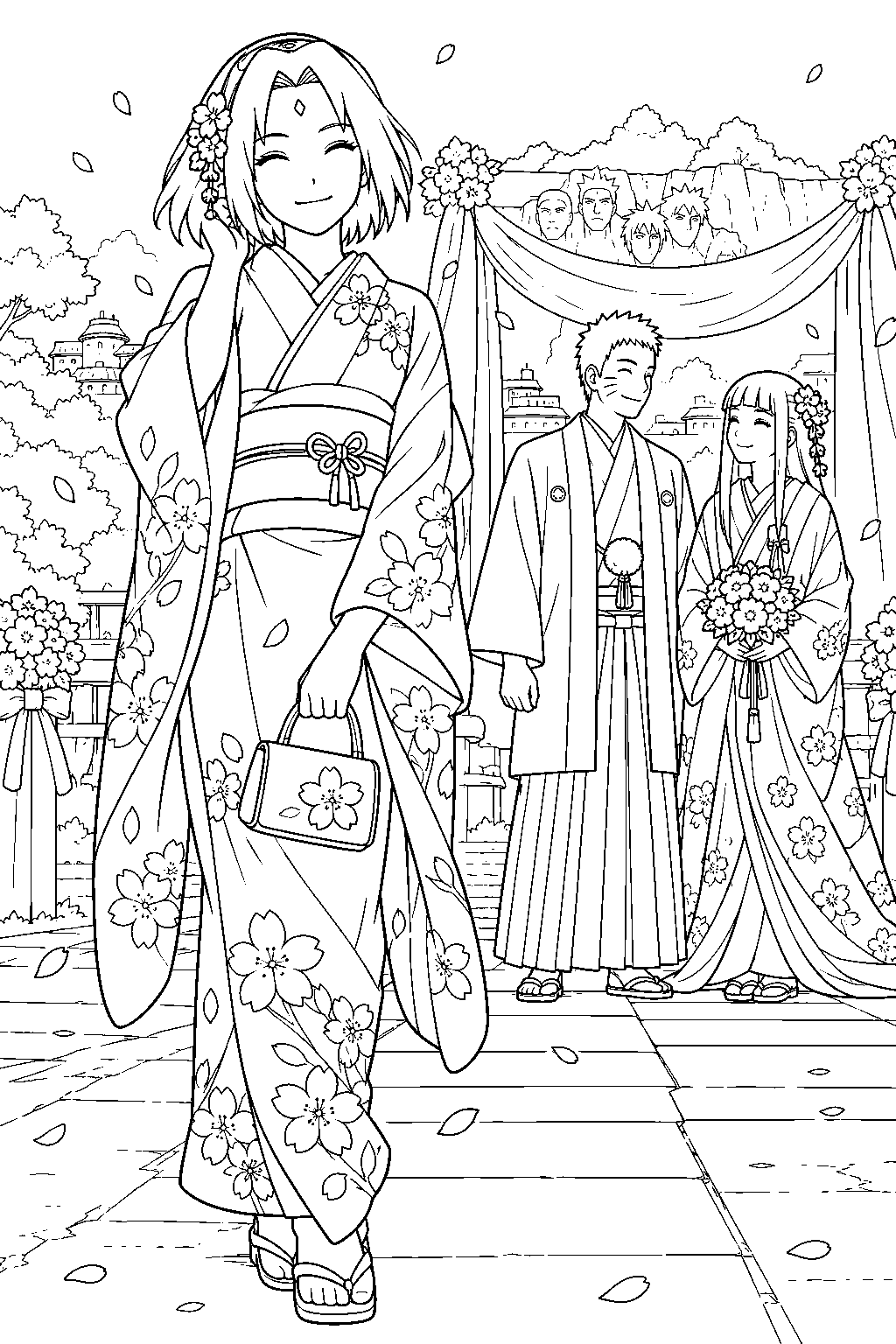 sakura haruno wearing a kimono at naruto and hinata s wedding line art