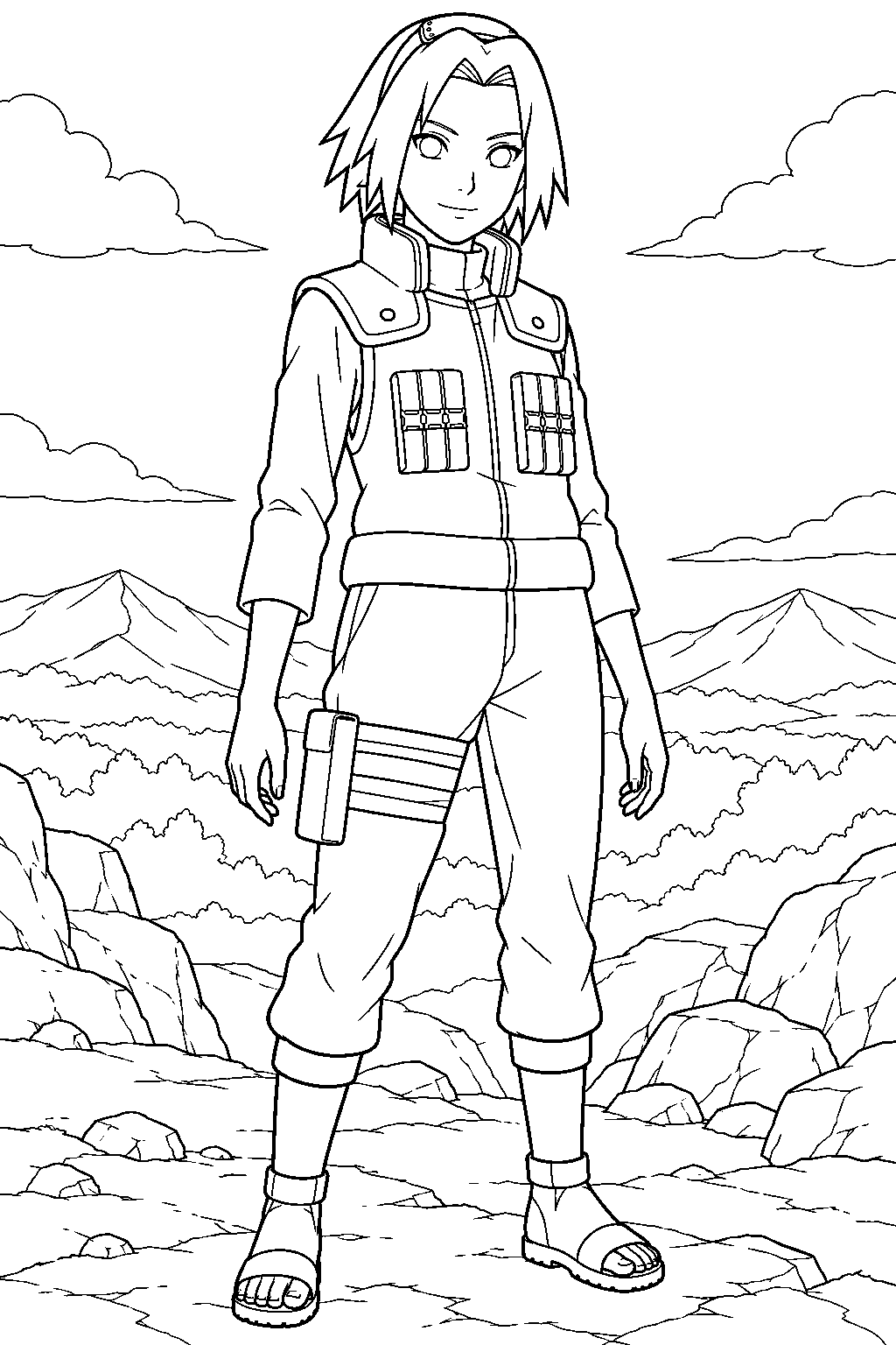 sakura haruno wearing her fourth great ninja war flak jacket and allied shinobi forehead protector line art