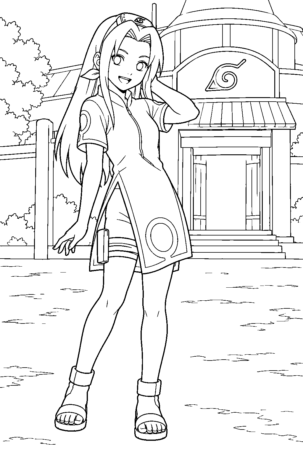 sakura haruno with long hair in her classic naruto outfit outside the ninja academy line art