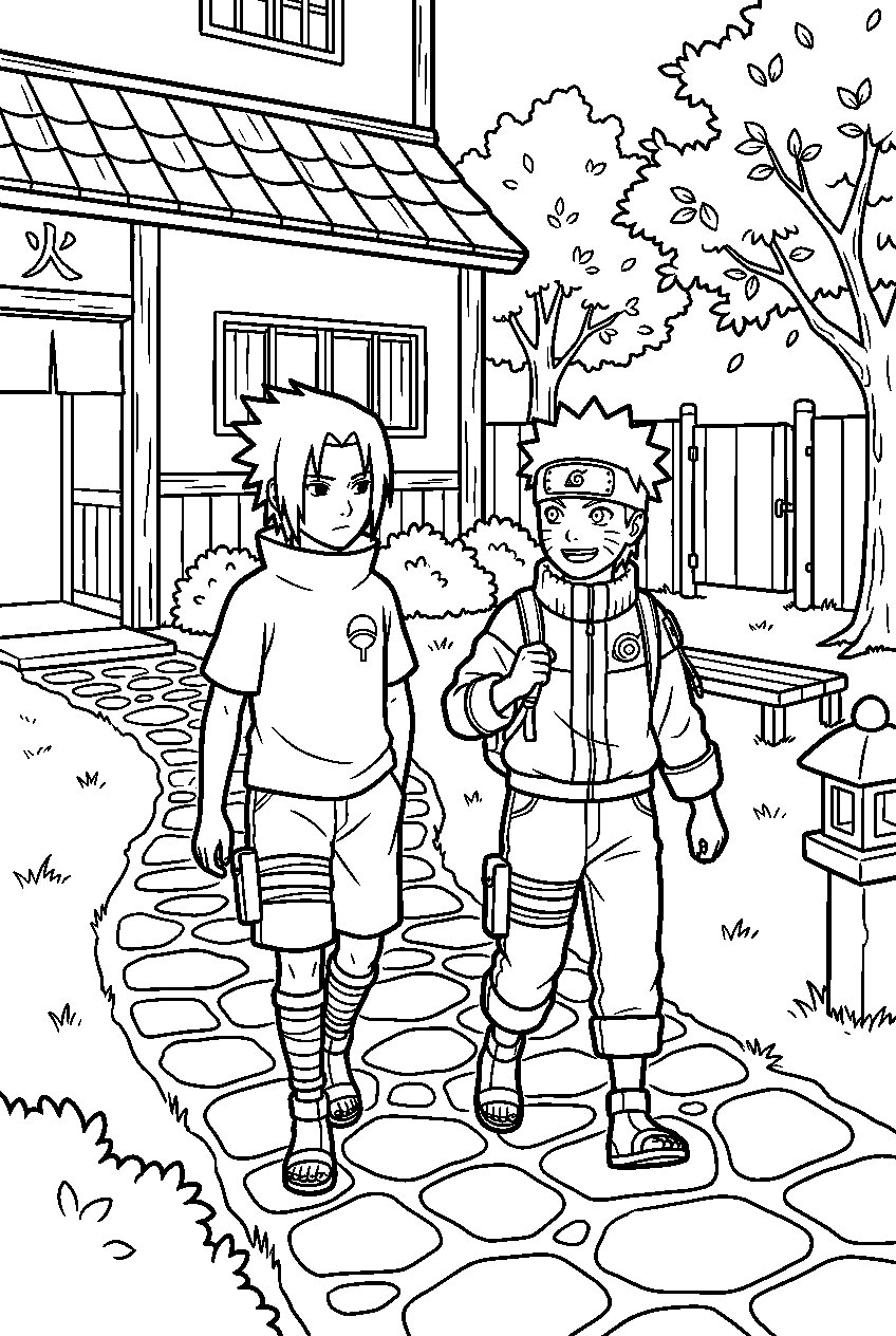naruto sasuke exploring in academy courtyard line art