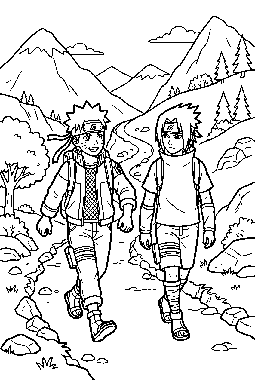 naruto sasuke exploring on mountain trail line art