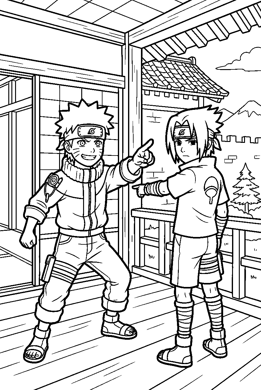 naruto sasuke pointing in samurai fortress line art
