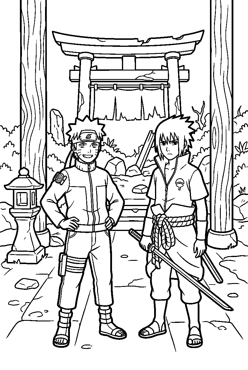 naruto sasuke posing in abandoned temple line art