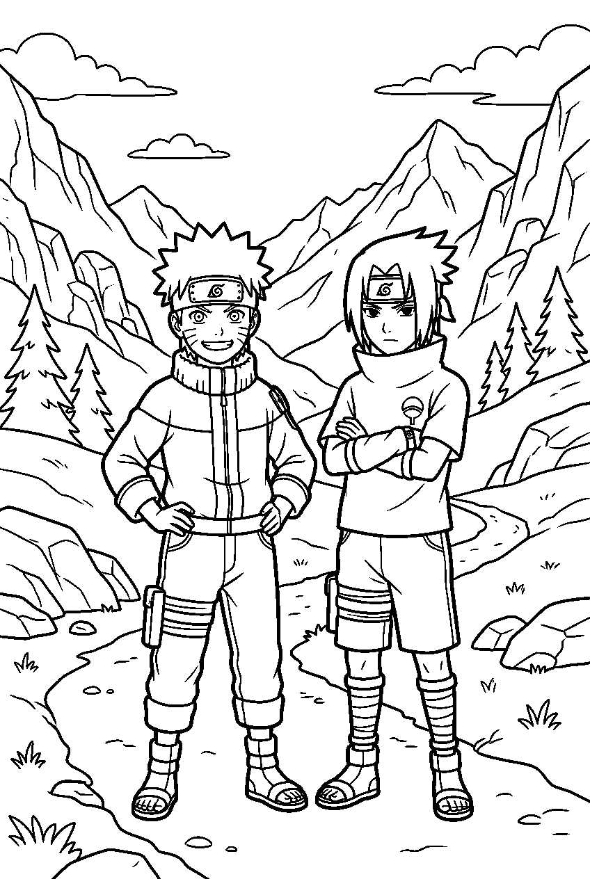 naruto sasuke posing in mountain valley line art