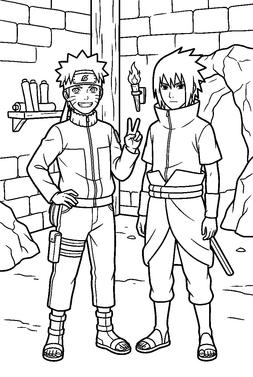 naruto sasuke posing in secret base line art