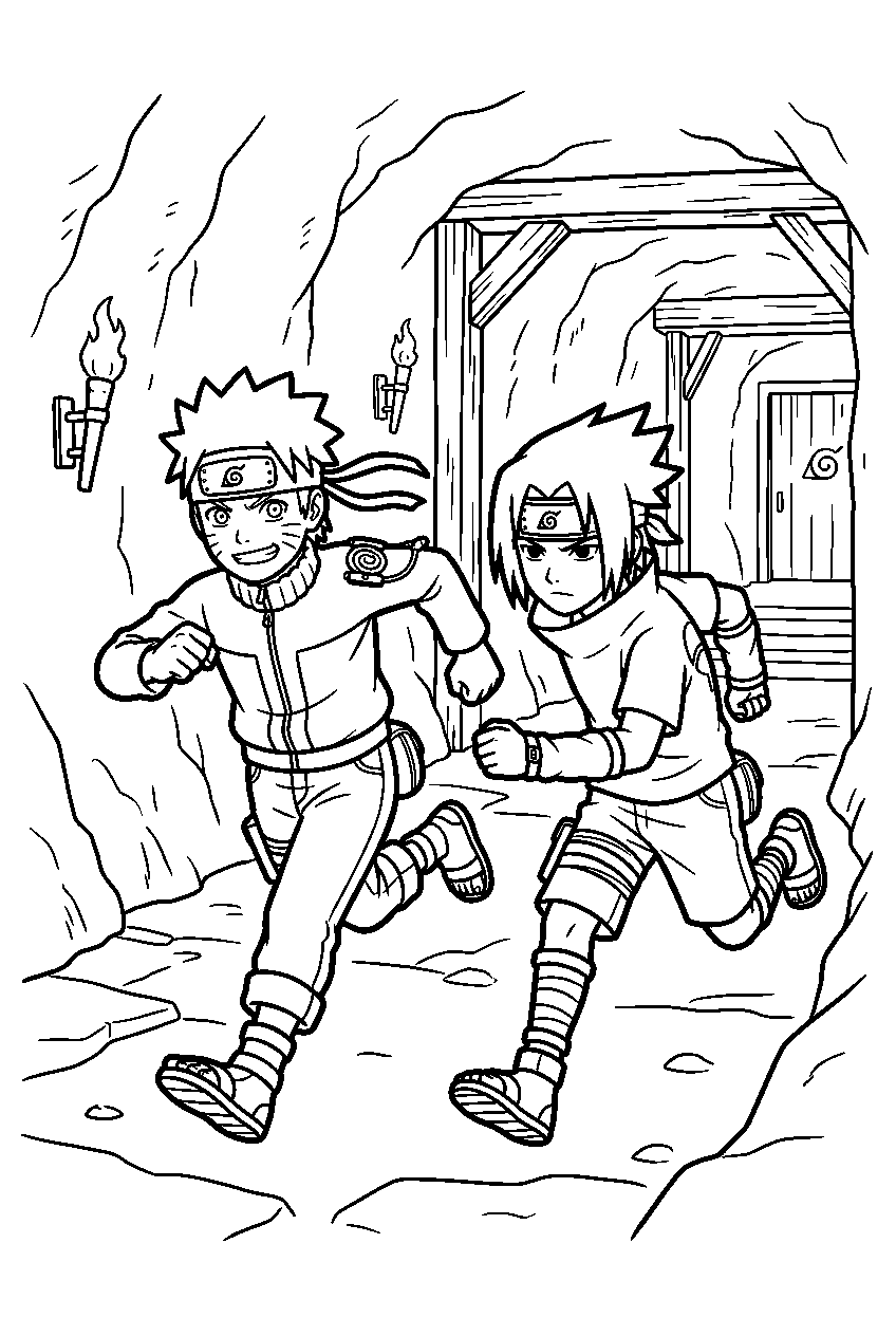 naruto sasuke running in ninja hideout line art