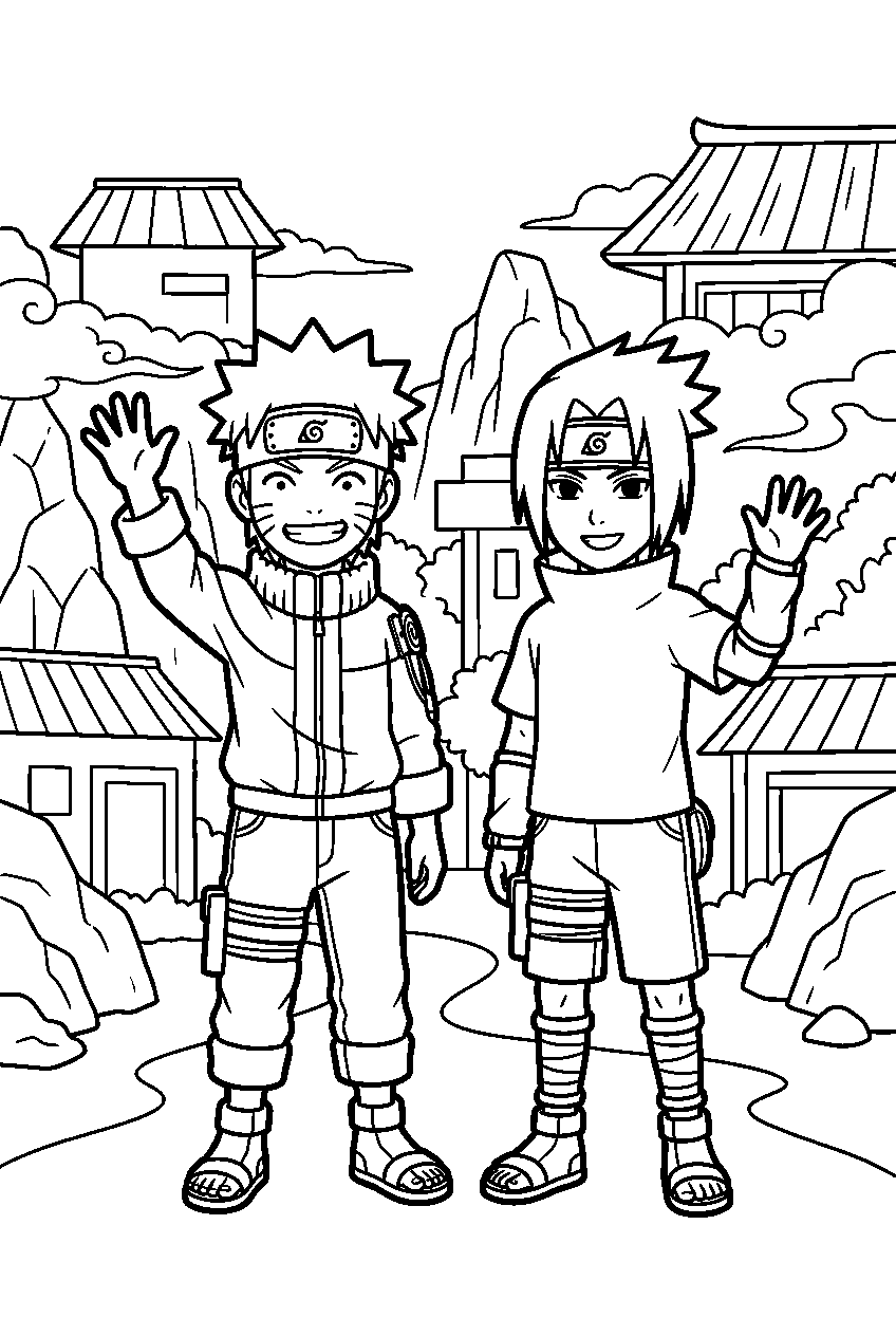 naruto sasuke waving in hidden mist village line art