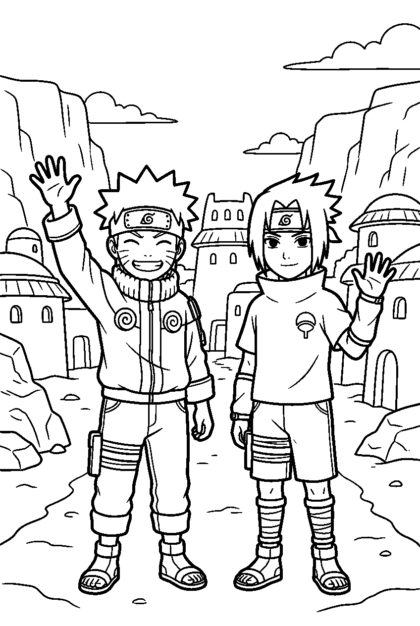 naruto sasuke waving in sand village line art