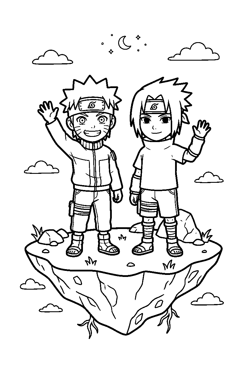 naruto sasuke waving on floating island line art