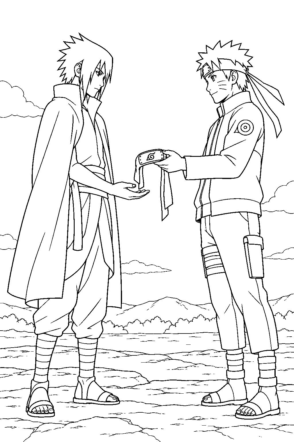 sasuke uchiha accepting his forehead protector from naruto after their final battle line art