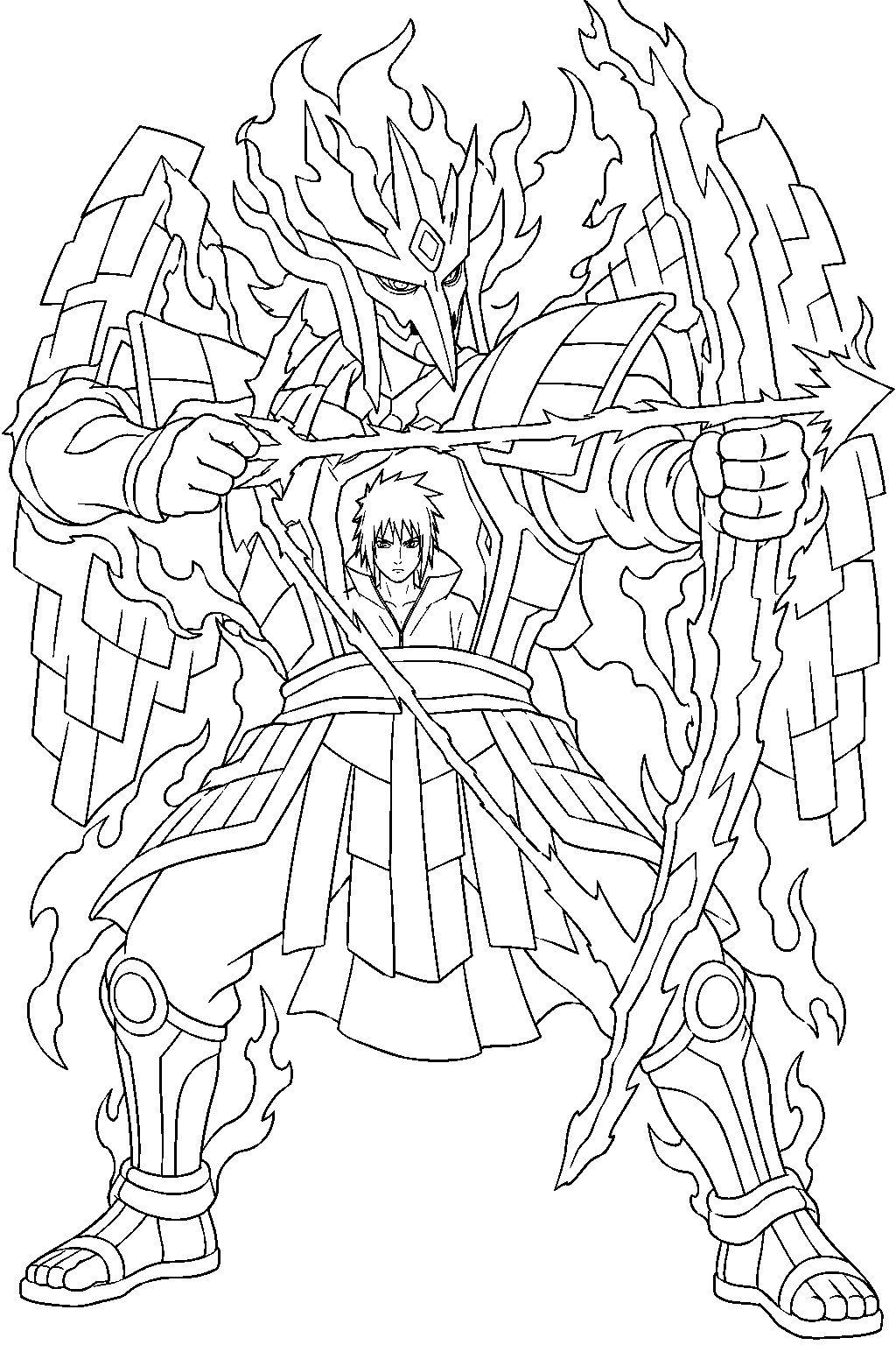 sasuke uchiha aiming a chakra arrow with his armored susanoo line art