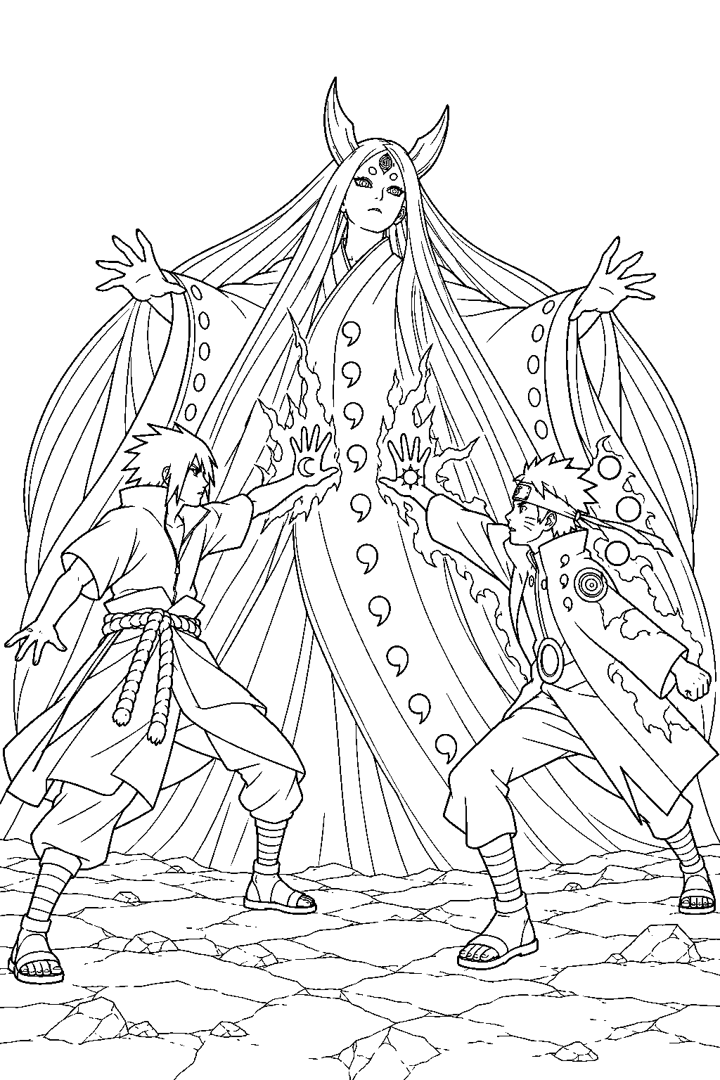 sasuke uchiha and naruto using their sealing marks against kaguya line art