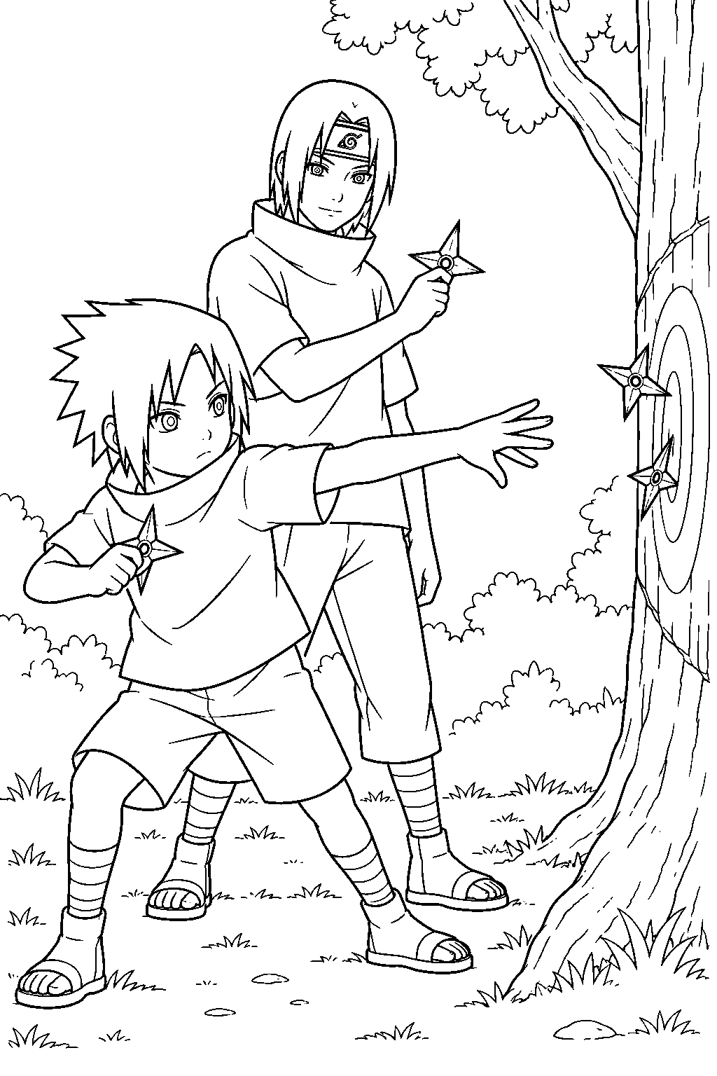 sasuke uchiha as a child practicing shuriken throws with itachi line art