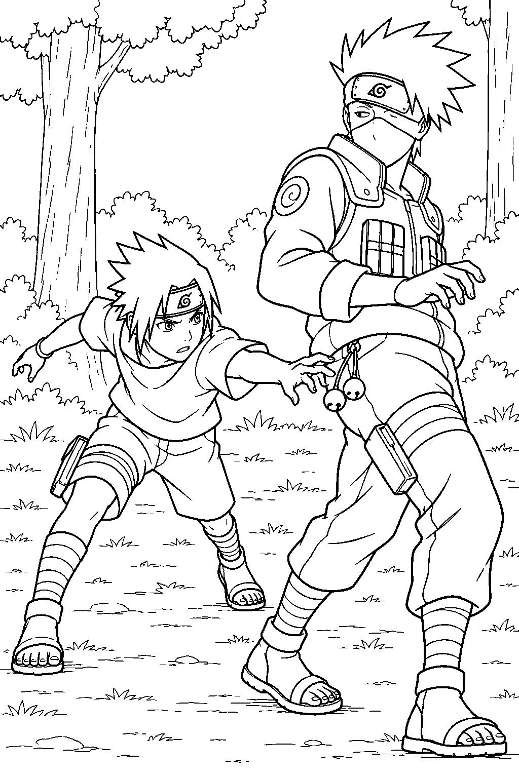 sasuke uchiha attempting to take kakashi s bells at the training ground line art