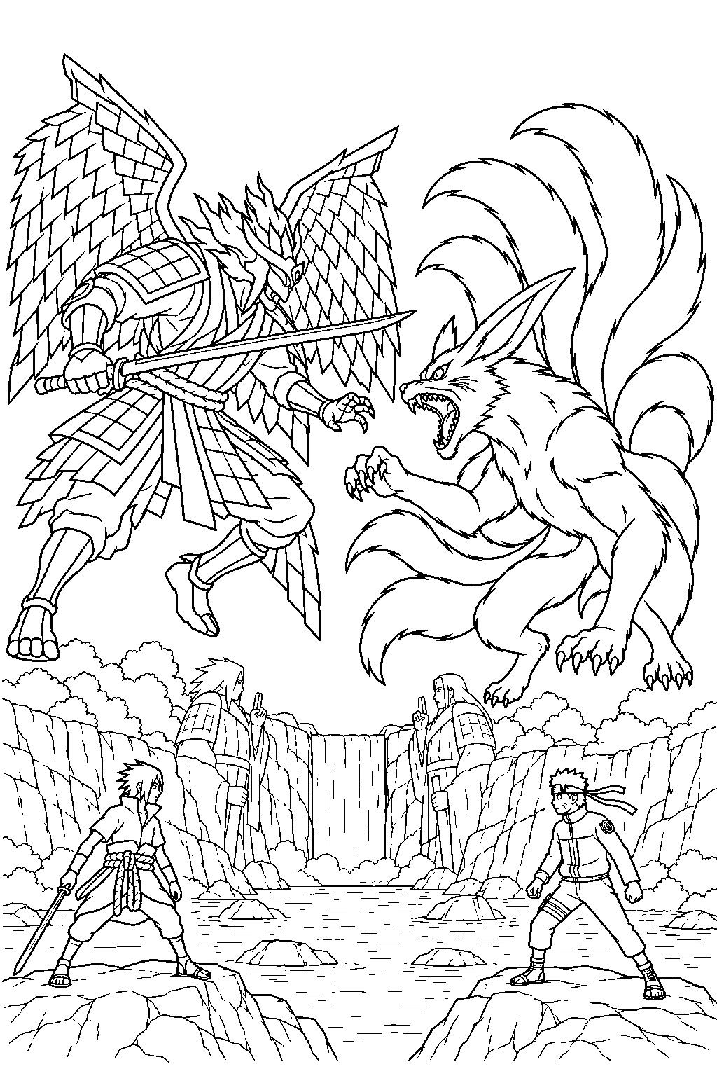 sasuke uchiha battling naruto s kurama with perfect susanoo at the valley of the end line art