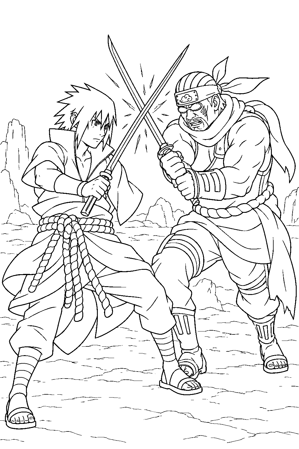 sasuke uchiha clashing swords with killer bee line art