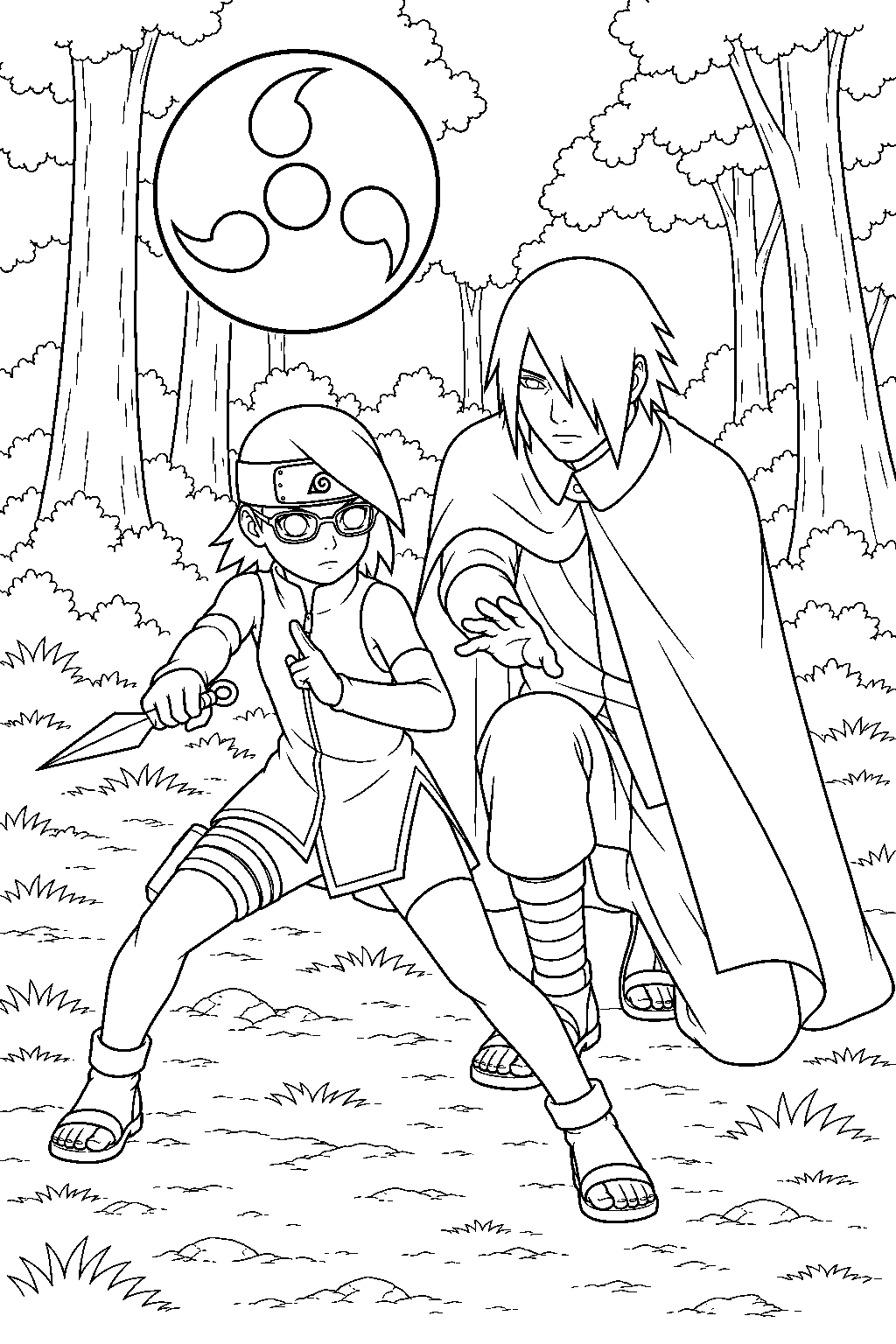 sasuke uchiha coaching sarada s sharingan training in the forest line art