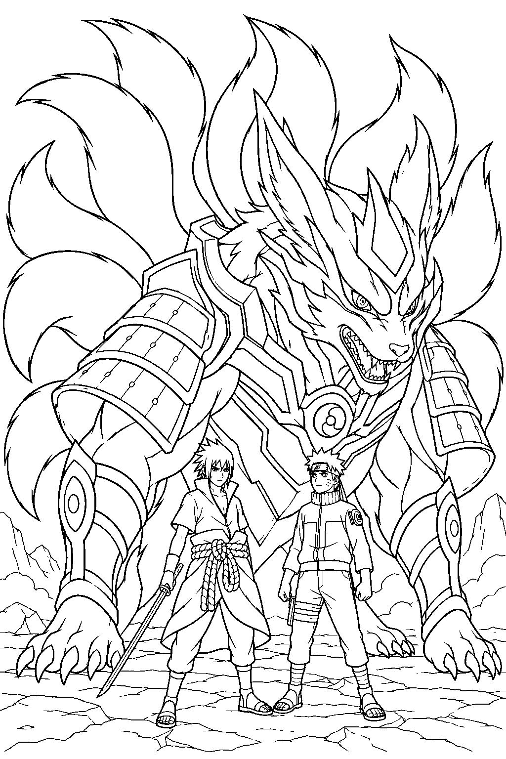 sasuke uchiha combining his susanoo armor with naruto s kurama line art