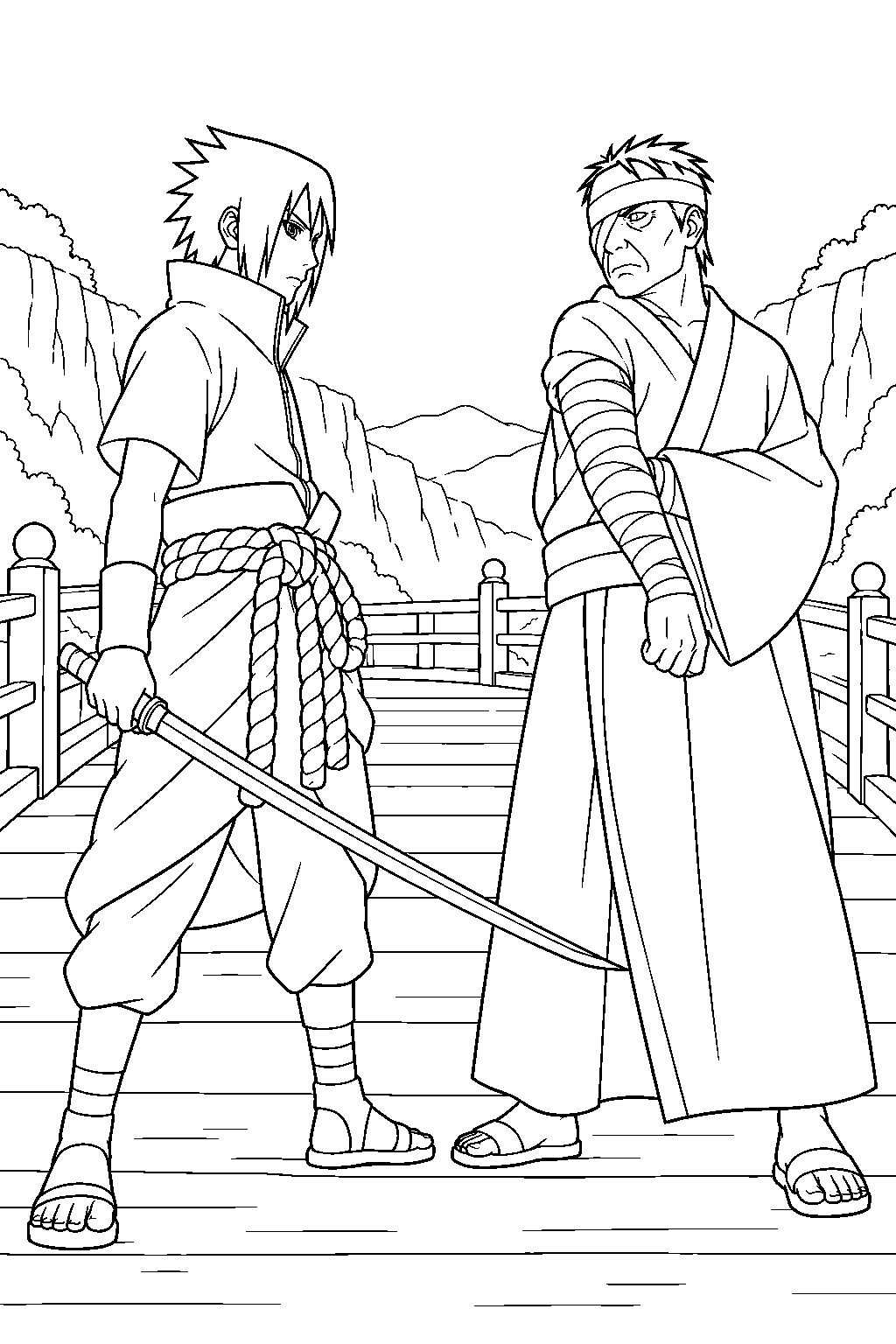 sasuke uchiha confronting danzo on the samurai bridge line art