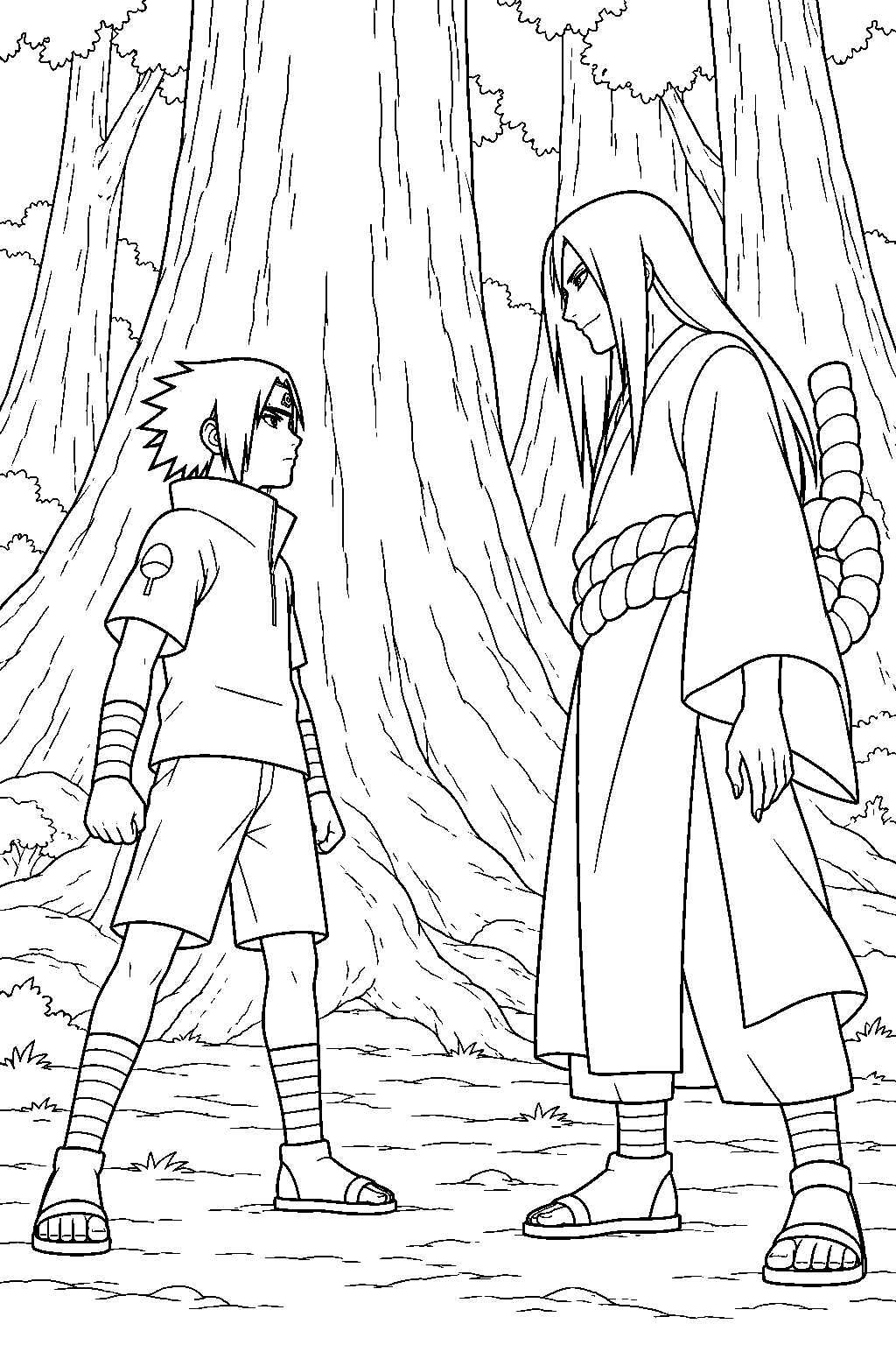 sasuke uchiha confronting orochimaru among the giant trees of the forest of death line art