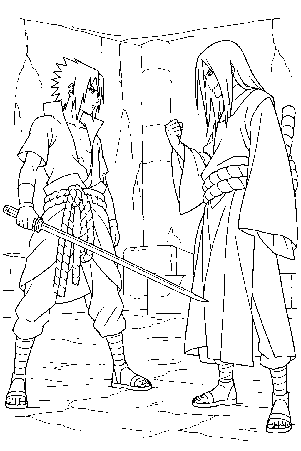 sasuke uchiha confronting orochimaru with his sword in the underground hideout line art