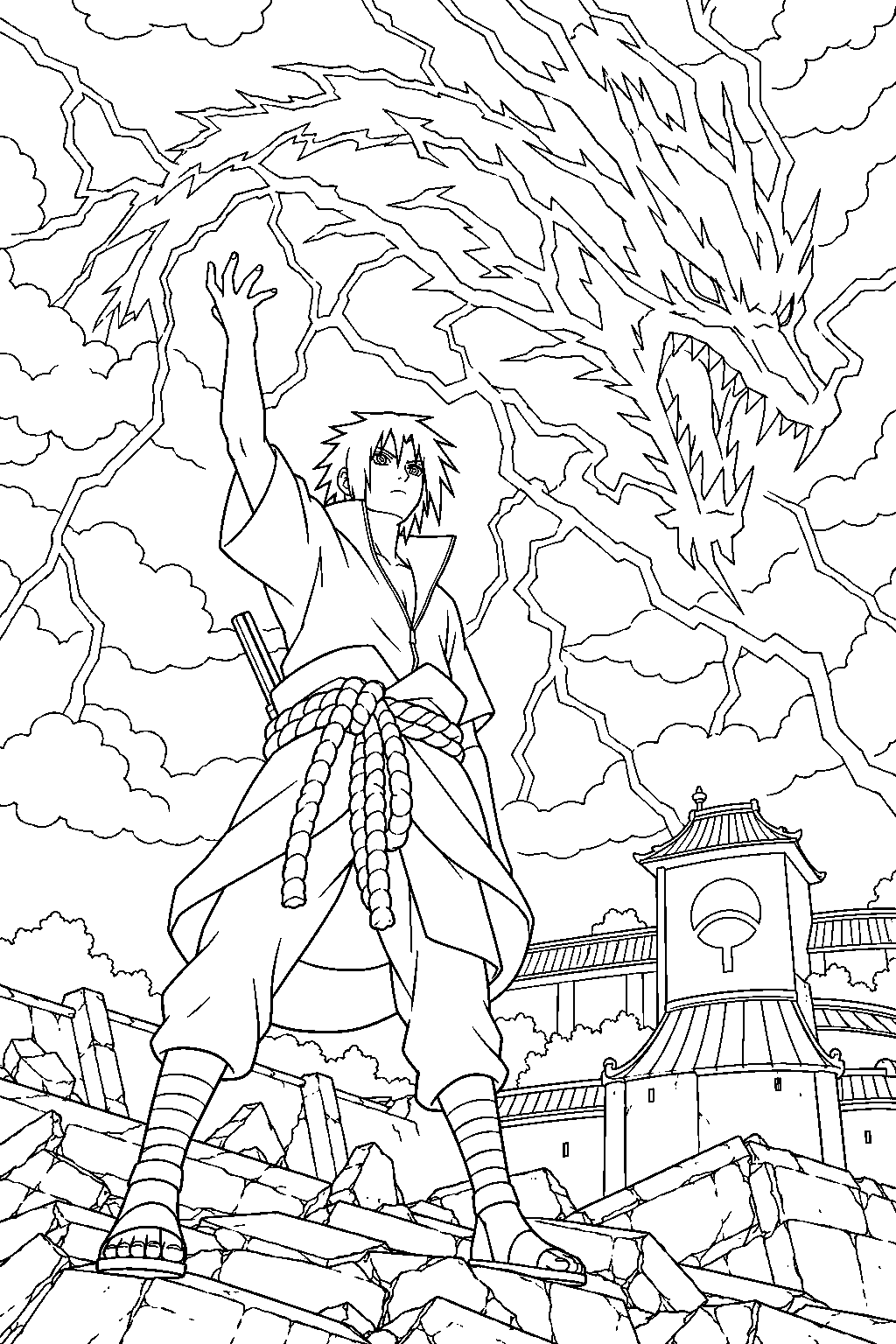 sasuke uchiha directing kirin lightning from storm clouds above the uchiha hideout line art