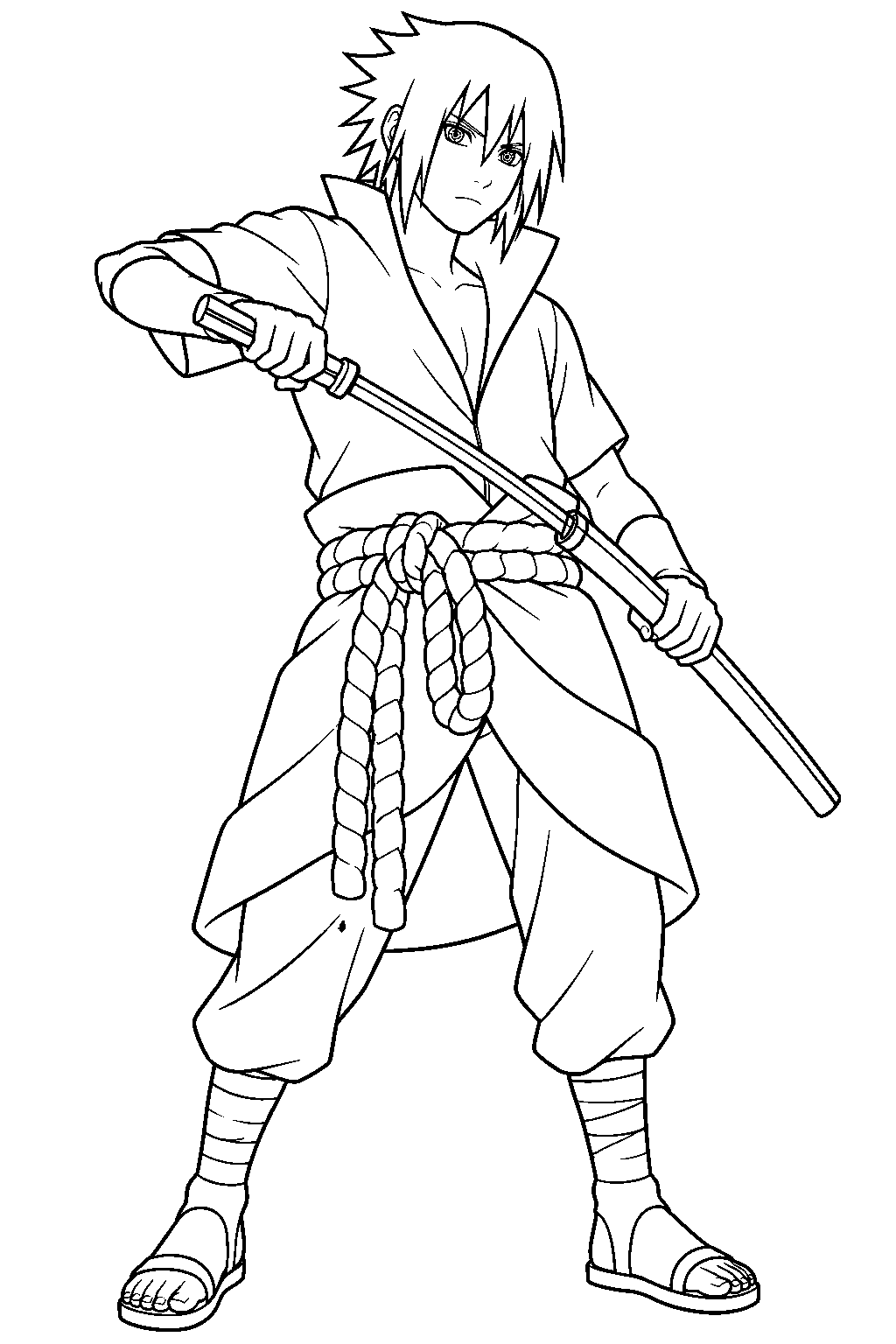 sasuke uchiha drawing his kusanagi sword in his shippuden rope belt outfit line art