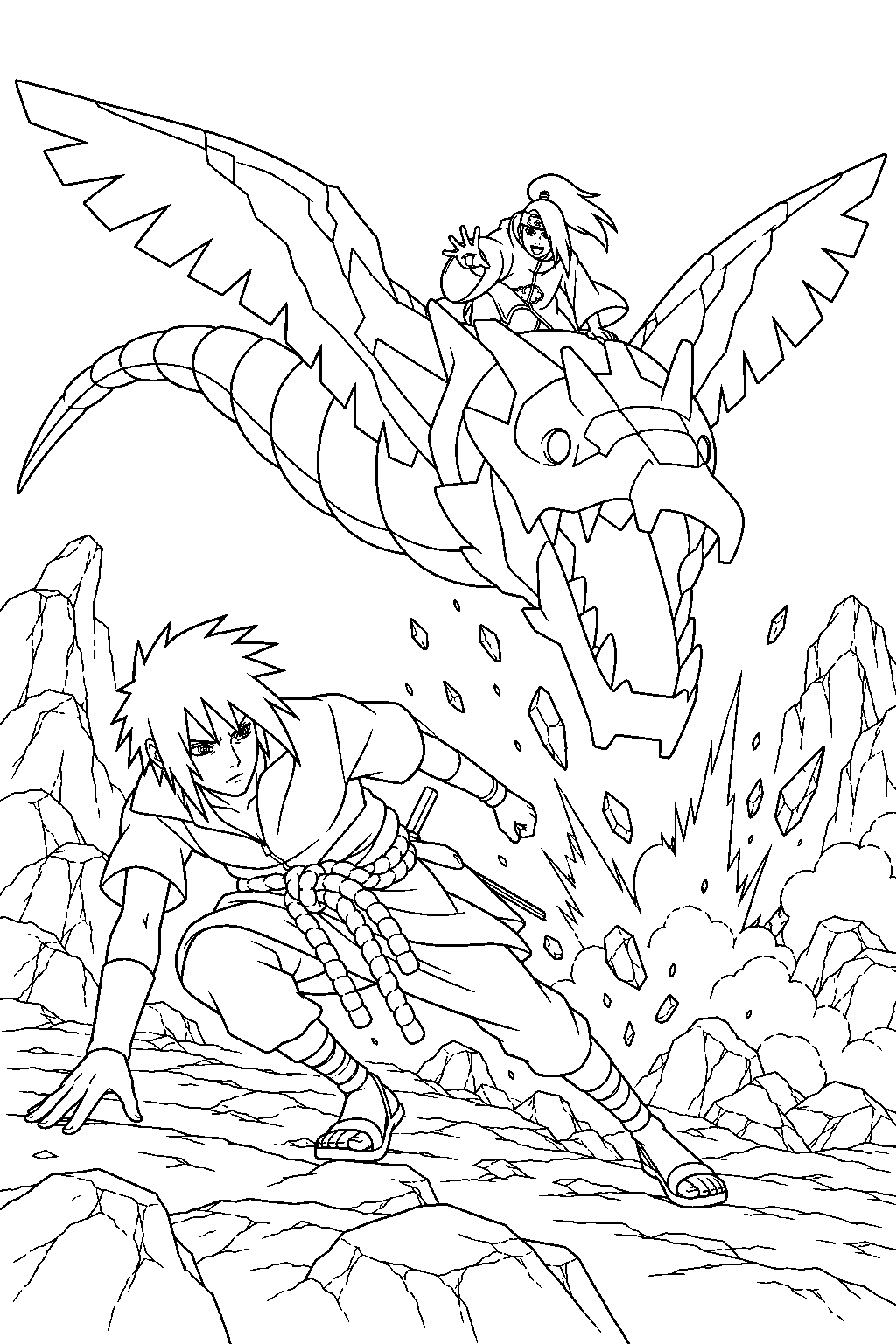 sasuke uchiha evading deidara s clay dragon above a rocky battlefield line art