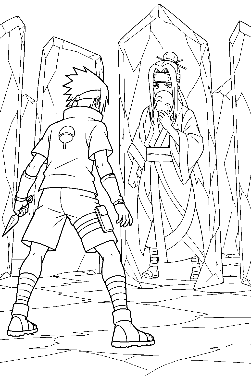 sasuke uchiha facing haku inside the crystal ice mirrors line art