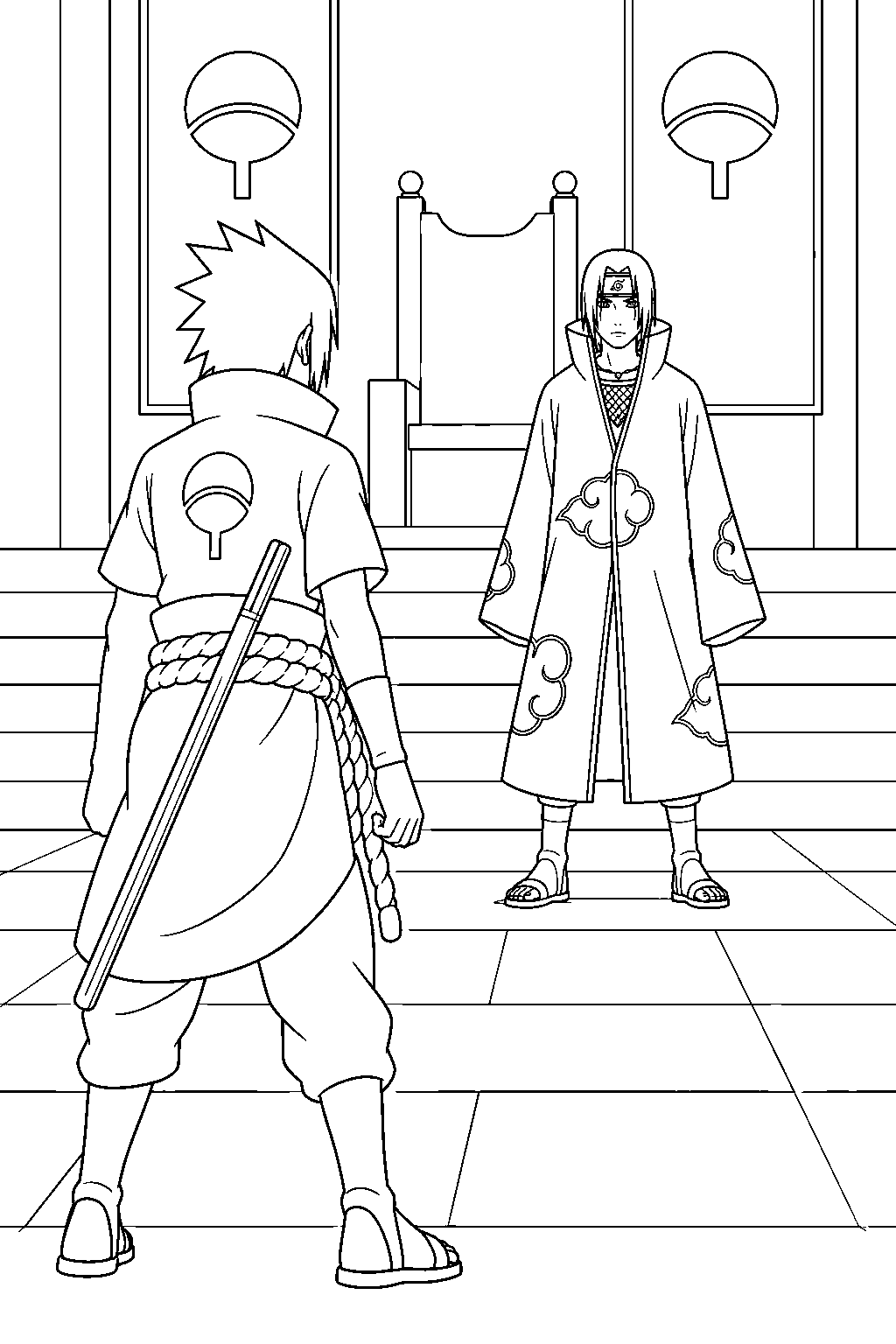 sasuke uchiha facing itachi across the uchiha hideout throne room line art
